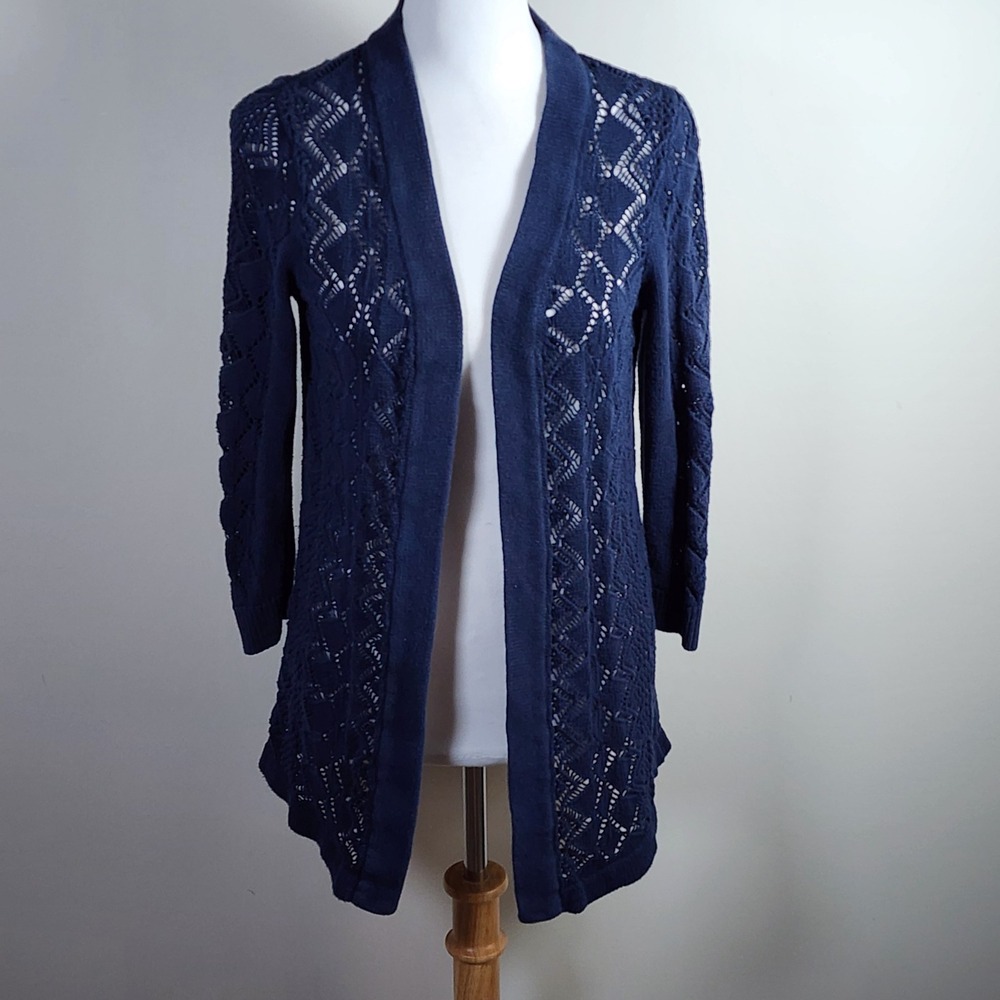 Crochet Cardigan Womens Small Navy Pointelle Knit Open Front Whimsigoth Cottage